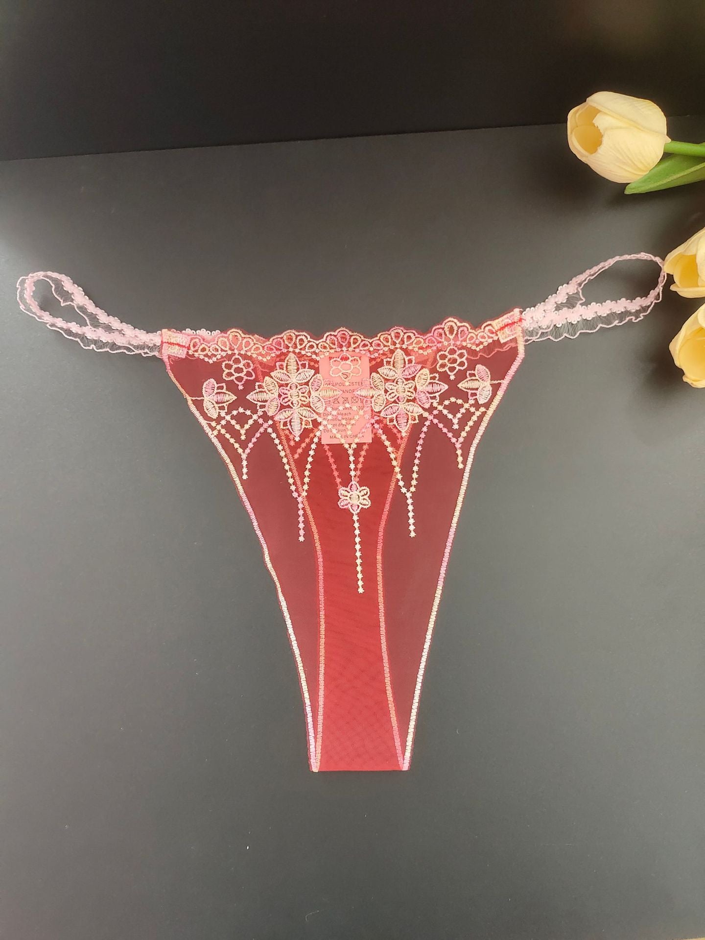 FREEDOMBEAUTY | Sexy transparent red mesh embroidered women's thong three-color matching lace lace crotchless light