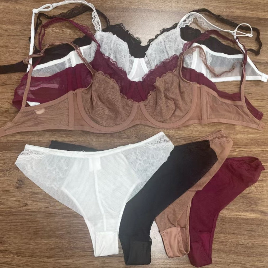 Freedombeauty sexy women's underwear lace embroidery design ultra-thin breathable beauty back soft steel ring large size bra set