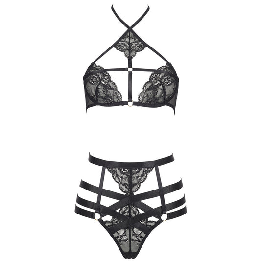 Freedombeauty | FQ2727 neck lace steel rim high waist panties European and American black sexy suit harness lingerie