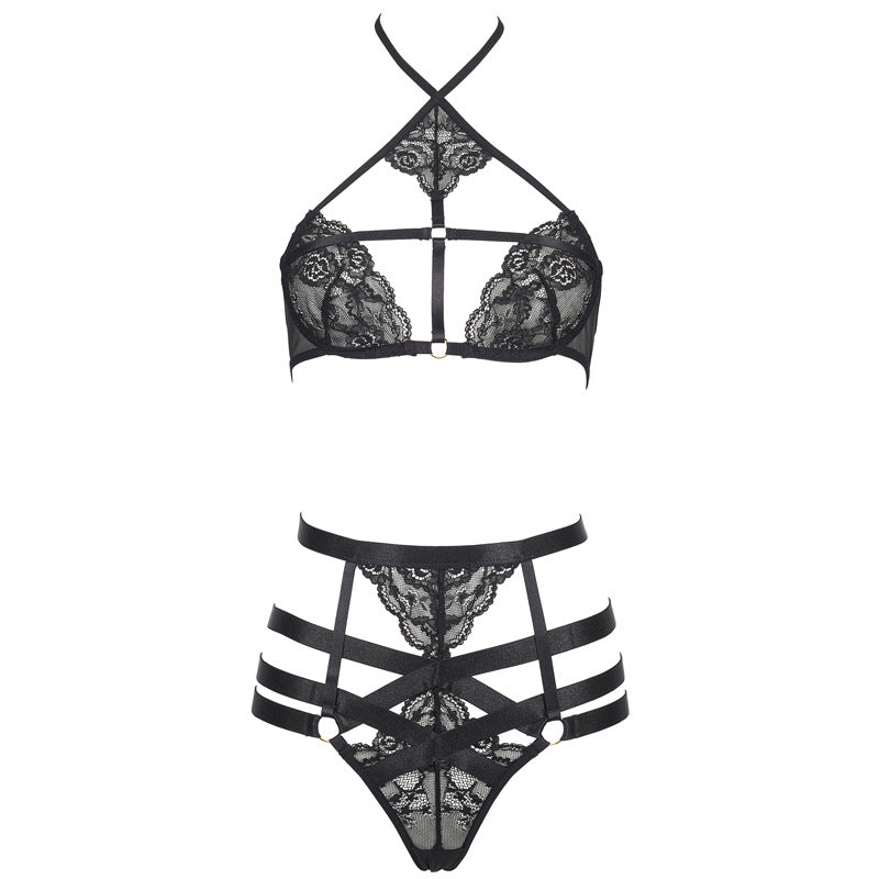 FREEDOMBEAUTY | FQ2727 Black lace neck light steel ring bra high waist multi-belt underwear women's sexy suit European and American cross-border