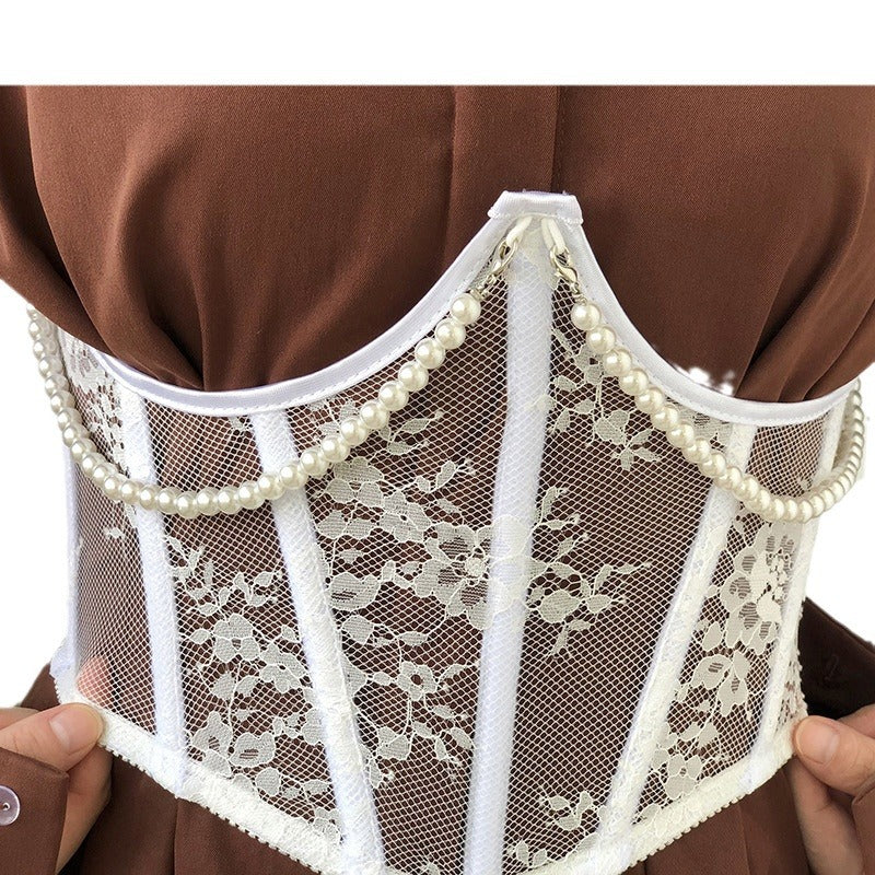 Freedombeauty | 21cm autumn new short gentle lace pearl waist seal fish bone strap decorative waist seal outer spot
