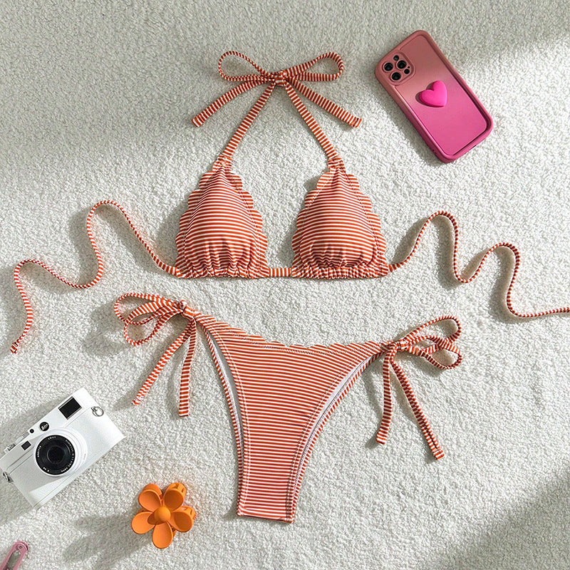 FREEDOMBEAUTY | 2025 new European and American striped sexy three-point bikini swimsuit women's lace-up beach hot spring swimsuit