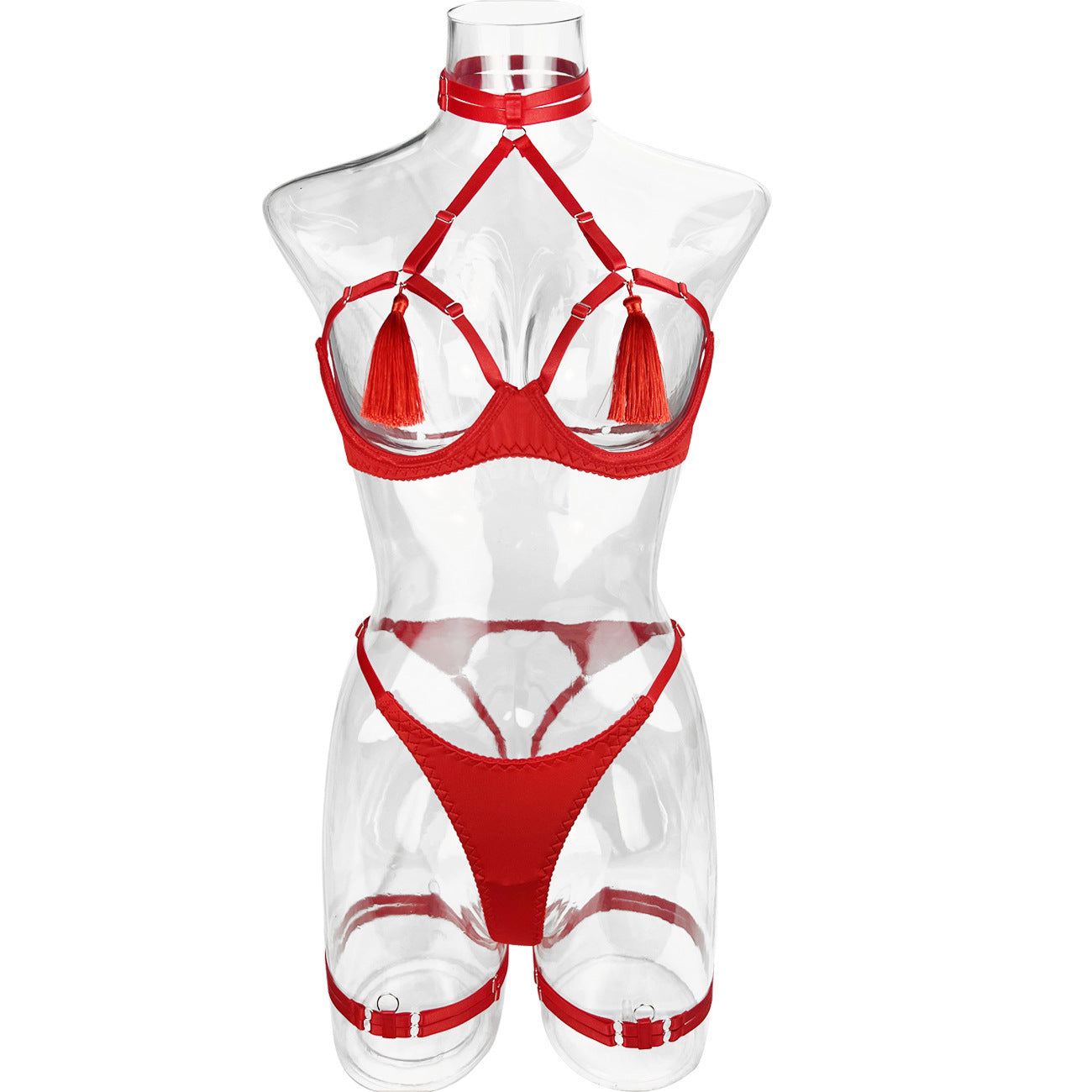 freedombeauty|Fun tassel underwear steel ring mesh hollowed underwear set sexy kit
