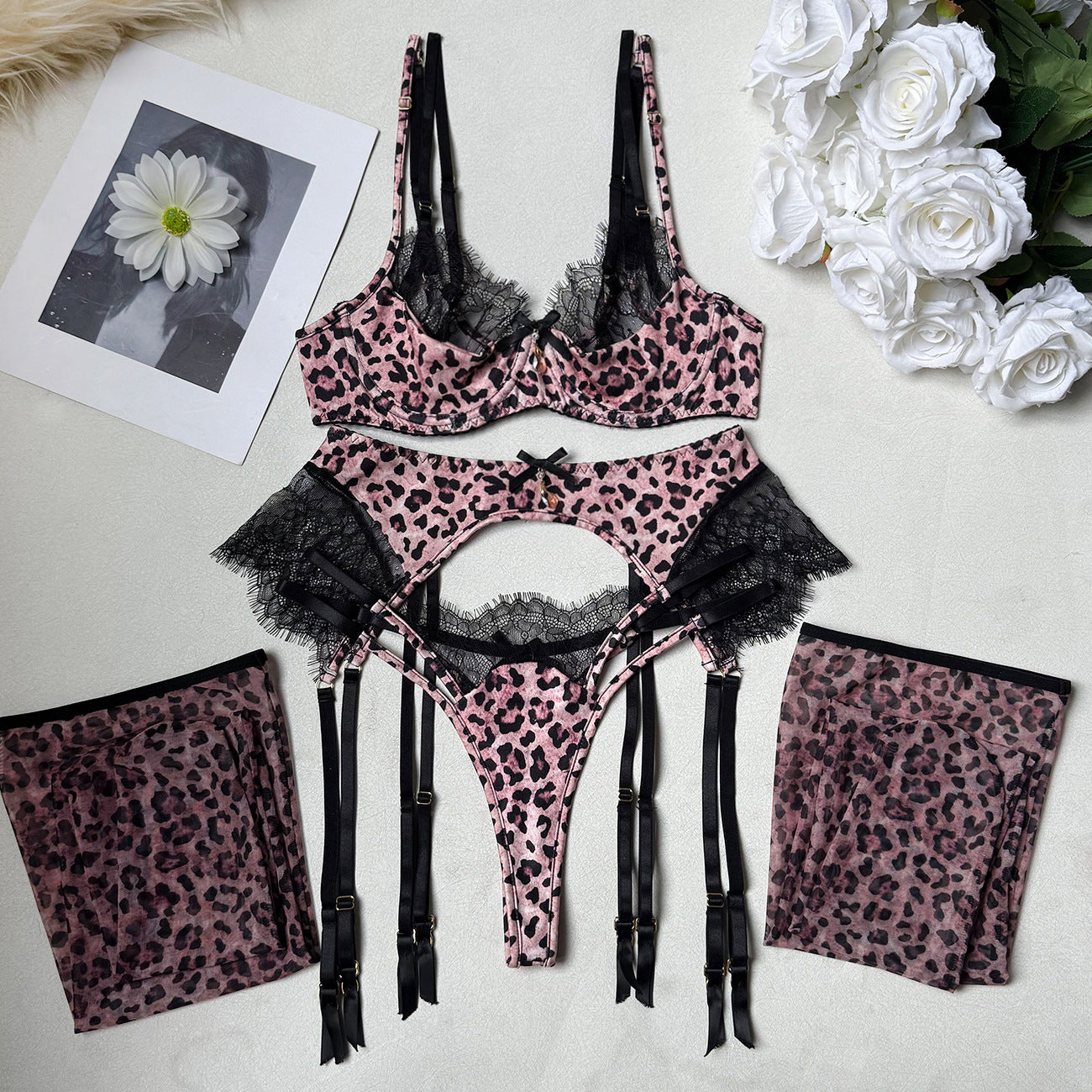 FREEDOMBEAUTY | Leopard print lace splicing women's sexy underwear garter belt 4-piece set