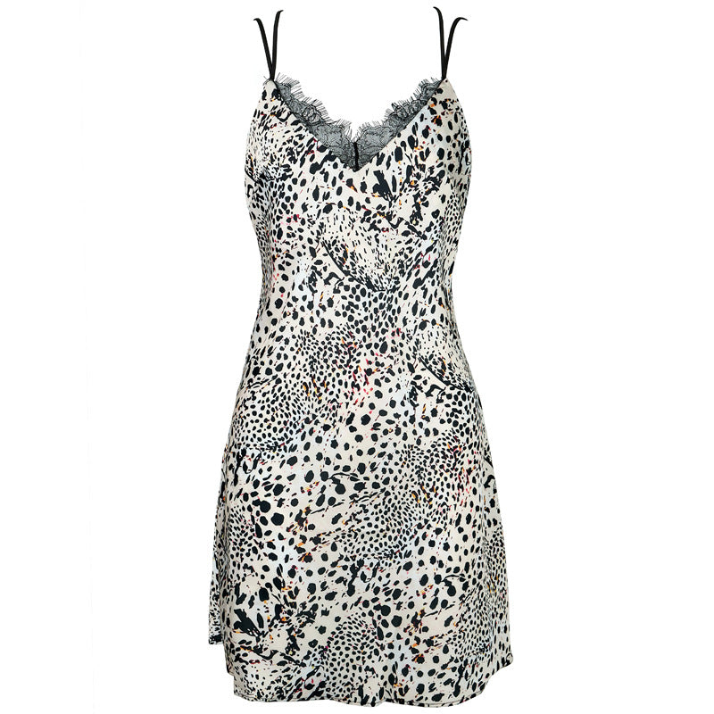 FREEDOMBEAUTY | FQ2720 Leopard print eyelash lace nine-character buckle adjustment comfortable women's sexy V-print pajama dress European and American cross-border