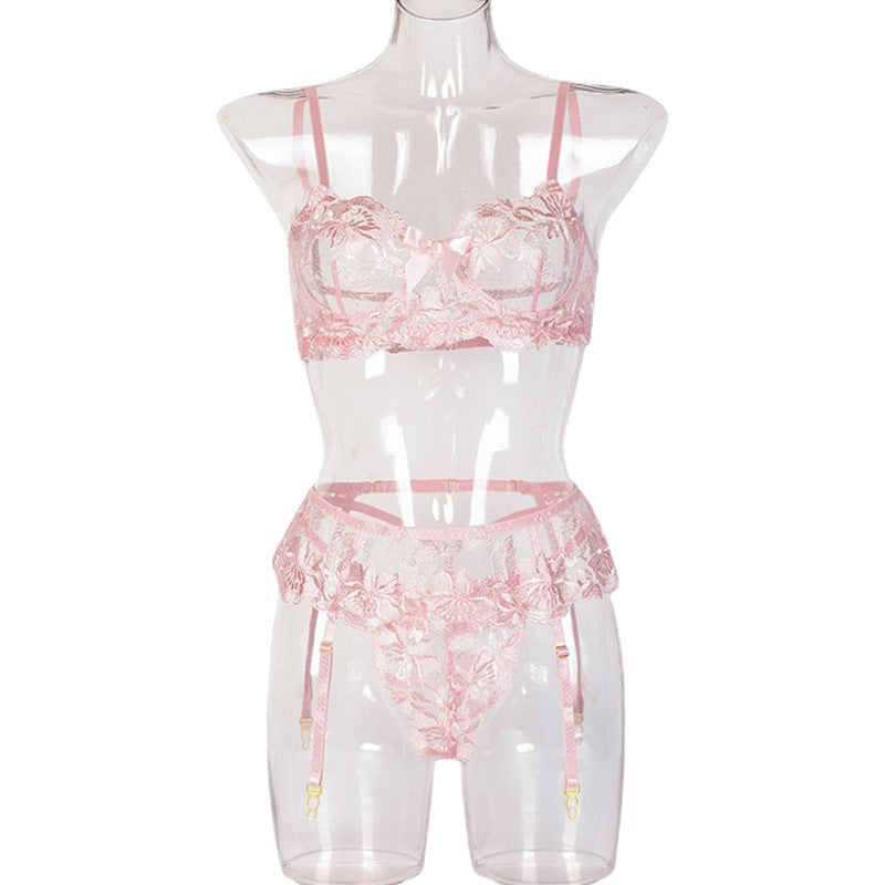 FREEDOMBEAUTY | Sex Underwear Three-piece Flower Embroidery Splicing Waist Seal Sexy Women's Sex Set Wholesale 3082