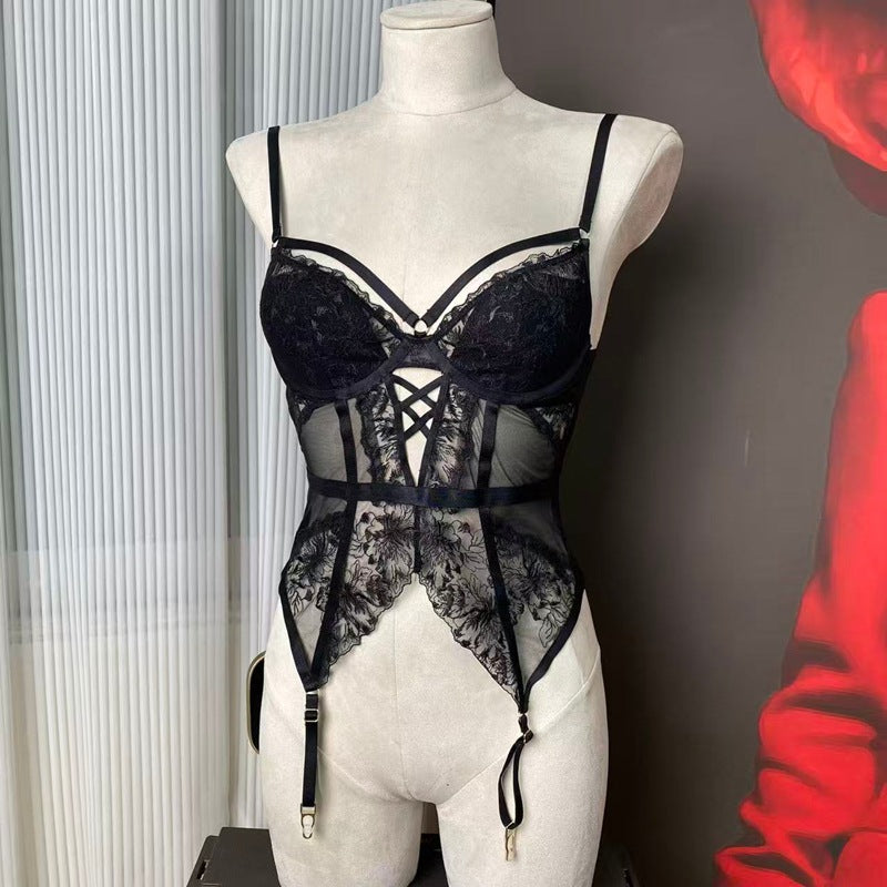 FREEDOMBEAUTY | FQ287234 Embroidery Underwear Set Series Mesh Perspective Sex Underwear Waist Women's Nightdress Cross-border Black