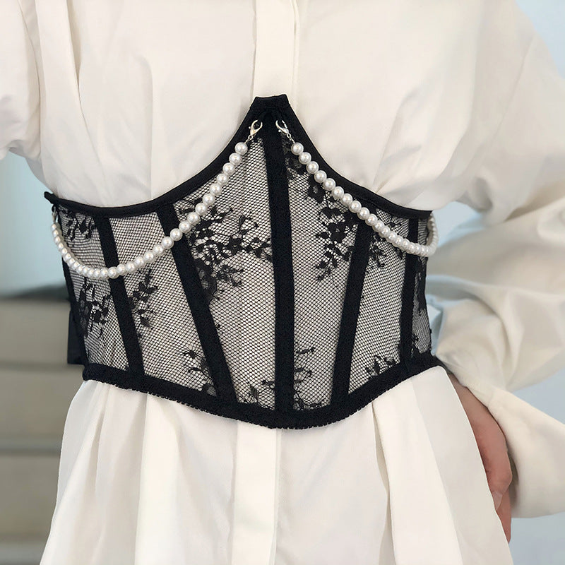 Freedombeauty | 21cm autumn new short gentle lace pearl waist seal fish bone strap decorative waist seal outer spot