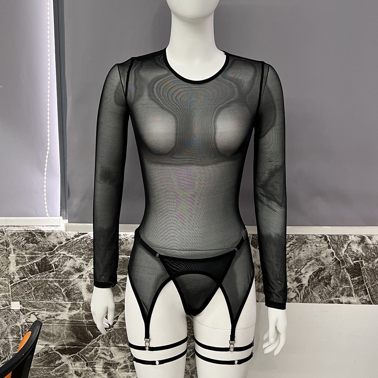 freedombeauty｜Stylish and sexy mesh see-through onesie shorts long-sleeved turtleneck mesh transparent onesie top