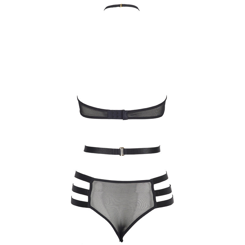 FREEDOMBEAUTY | FQ2727 Black lace neck light steel ring bra high waist multi-belt underwear women's sexy suit European and American cross-border