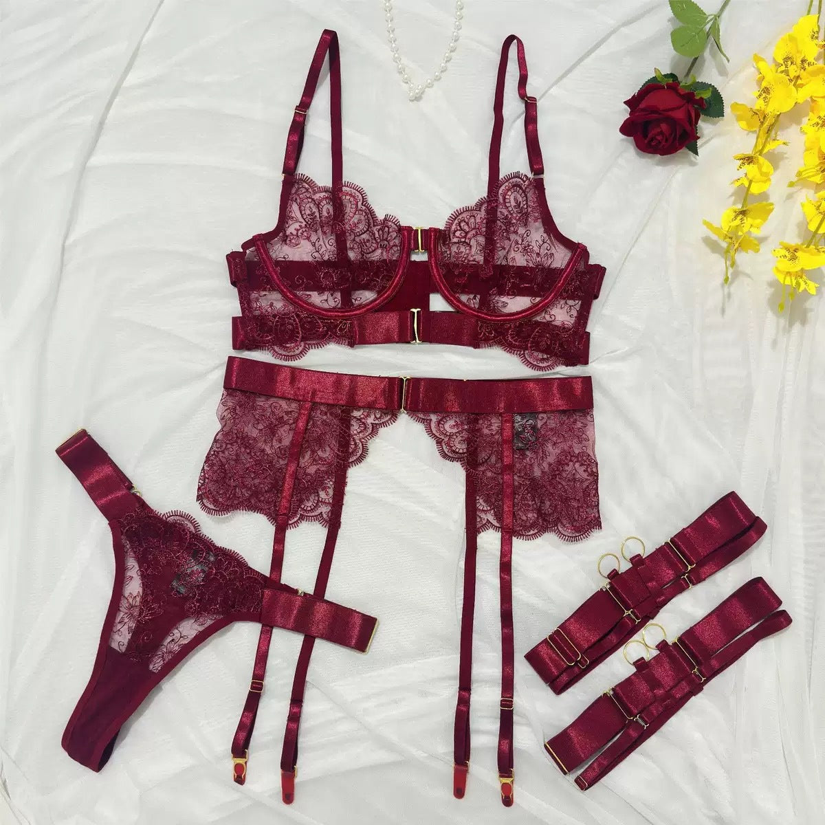 FREEDOMBEAUTY | Embroidery high quality heavy industry sex underwear embroidery eyelash lace perspective sexy three-piece set