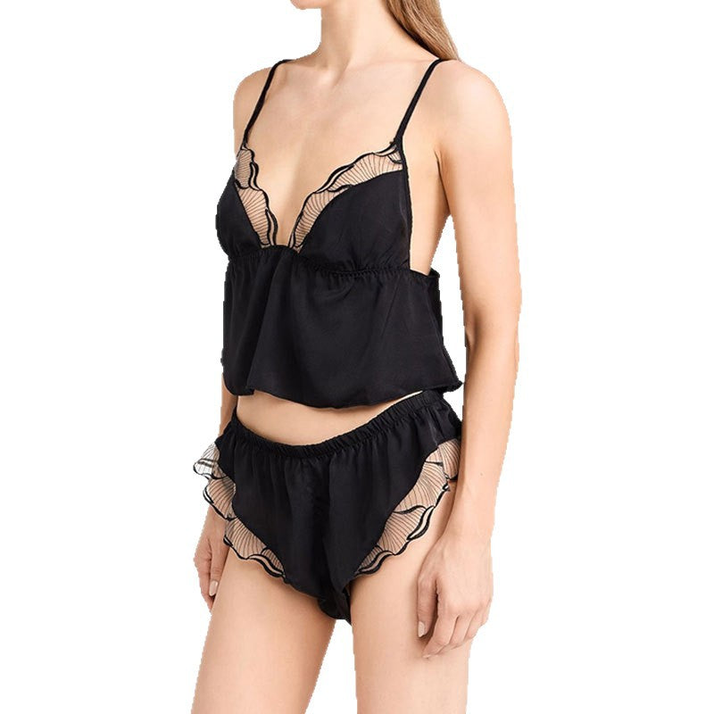 FREEDOMBEAUTY | Women's Loungewear Sexy Triangle Cup Suspender Pajama 2-piece Set Satin Lace Shorts Pajama Set