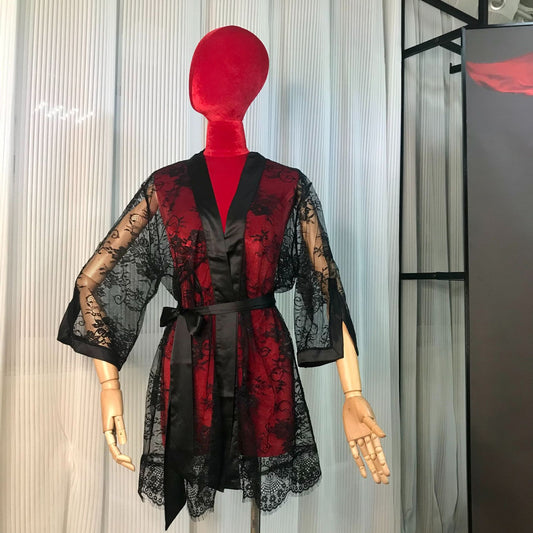 Freedombeauty | FQ2856 French sexy see-through nightgown bathrobe lace satin cuff split design lingerie