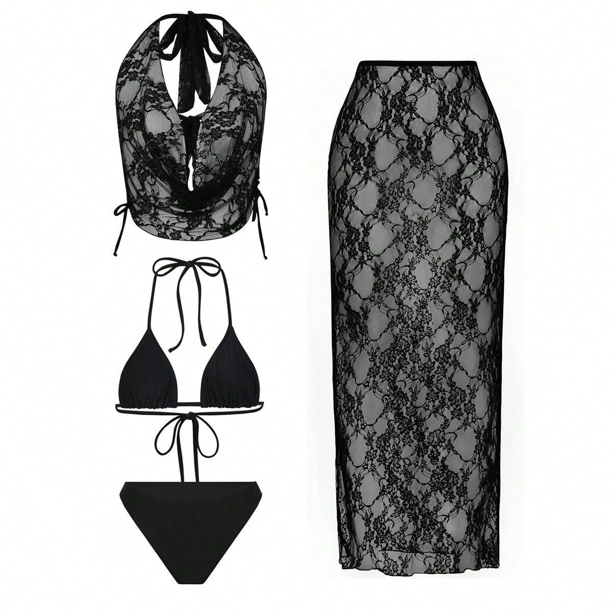FREEDOMBEAUTY | New swimsuit women's sexy lace three-piece swimsuit women's bikini neck blouse vacation swimsuit