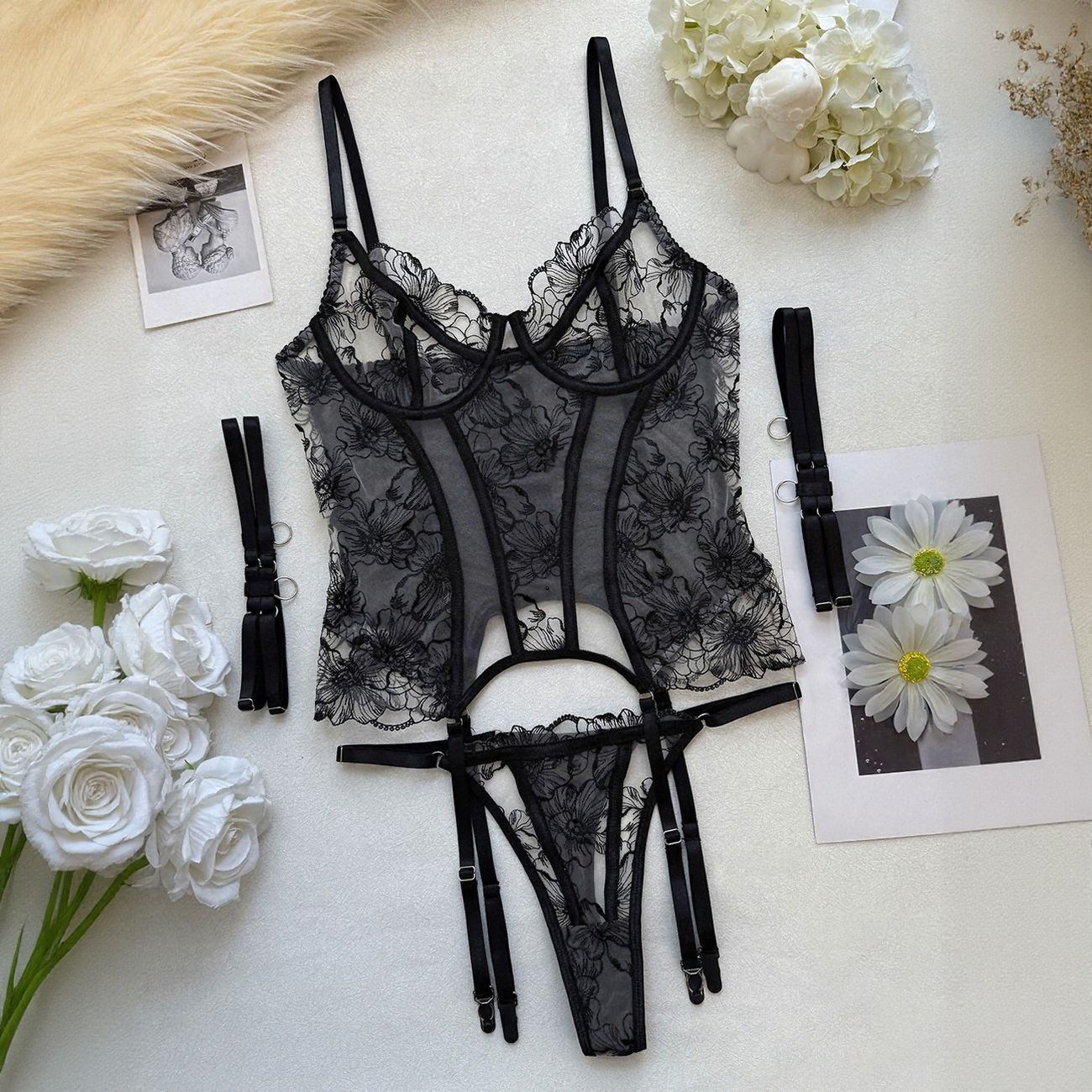 FREEDOMBEAUTY | DIER Sexy lace embroidered onesie European and American retro court shapewear hollow perspective onesie stockings