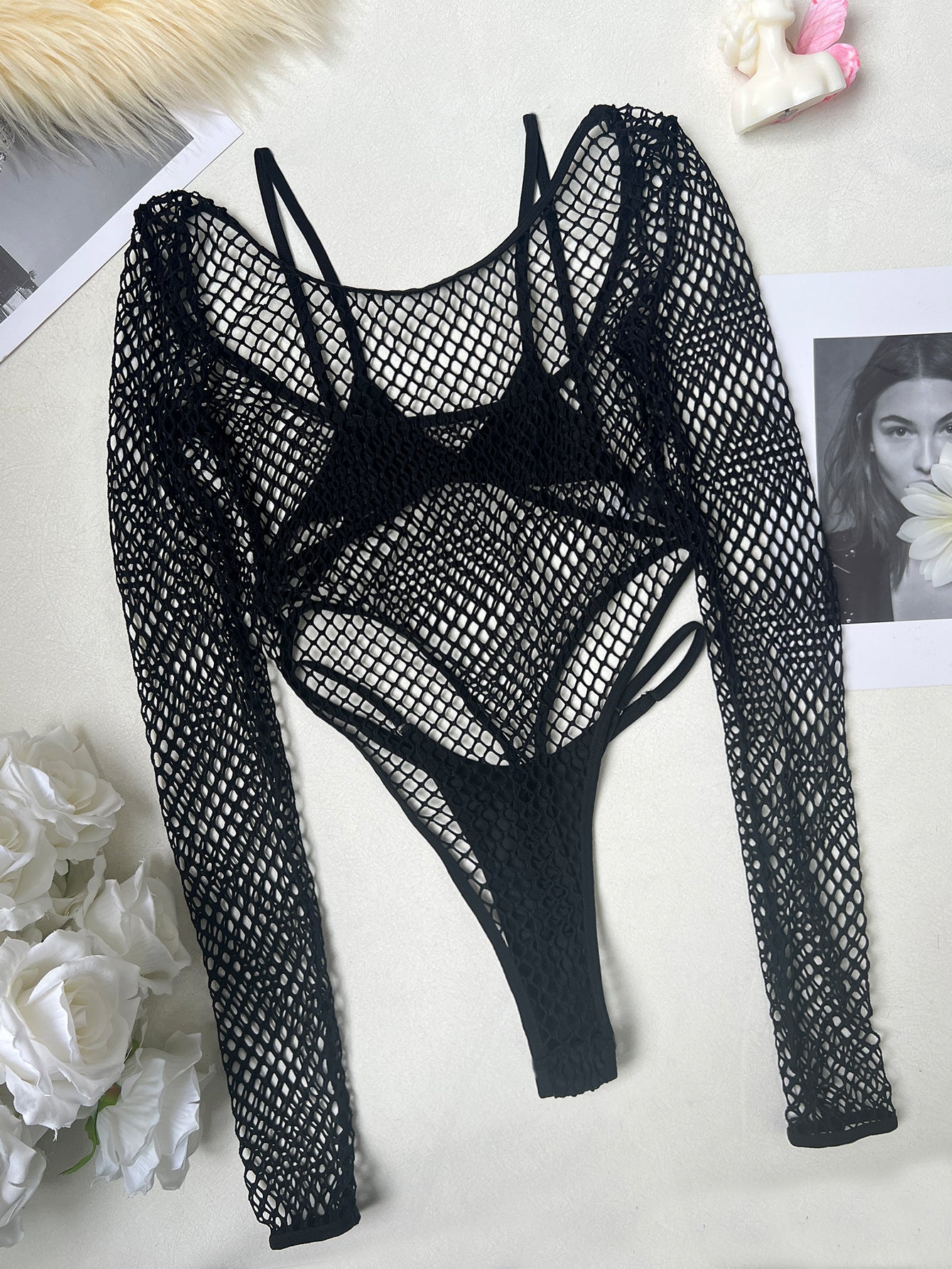 FREEDOMBEAUTY | One piece of European and American women's fishing net leggings + bra + underwear three-piece set