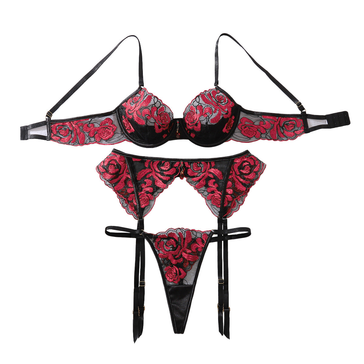 FREEDOMBEAUTY | European and American cross-border fashion heavy craftsmanship embroidery rose perspective mesh slim shaping sexy underwear split set