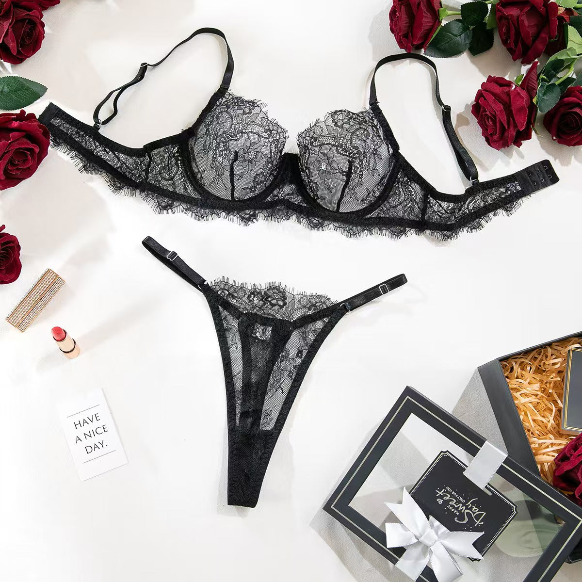 FREEDOMBEAUTY | Ultra-thin sexy lace French bra, crystal cup underwear, big breasts are small, no sponge with steel ring, small breasts gather