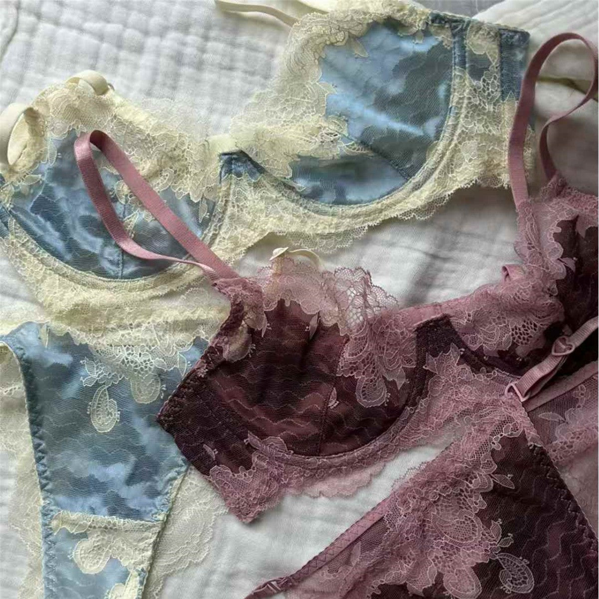 FREEDOMBEAUTY | Thin steel rim lace underwear French ultra-thin sexy big chest small bra gather bra set Sexy bra