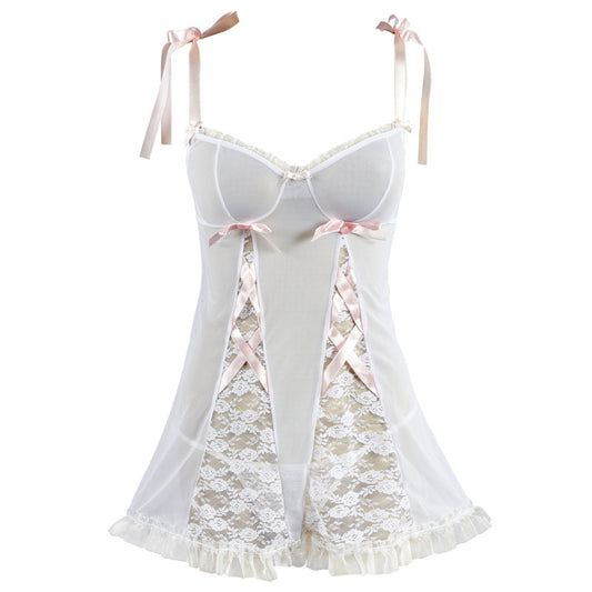 FREEDOMBEAUTY | FQ2660 ribbon strap nightdress lolita soft cute lace mesh bow T-pants without steel rim pajama set