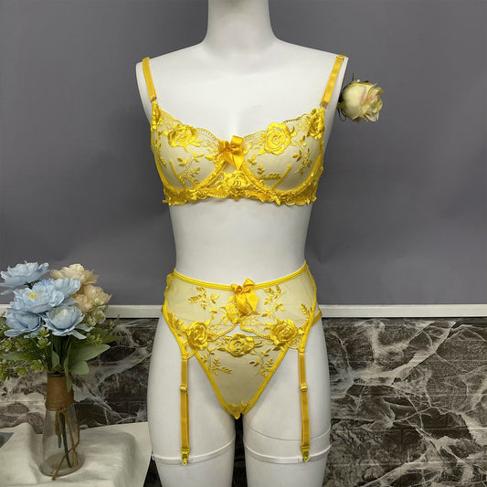 freedombeauty|Fashion Heavy Industry Star Embroidery Sexy Lace Up Suspender Underwear Kit