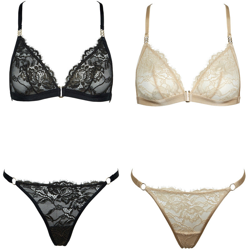 Freedombeauty | FQ2846 neck waist chain bronzing lace front buckle beautiful back without steel ring thin transparent triangle cup thong bra set