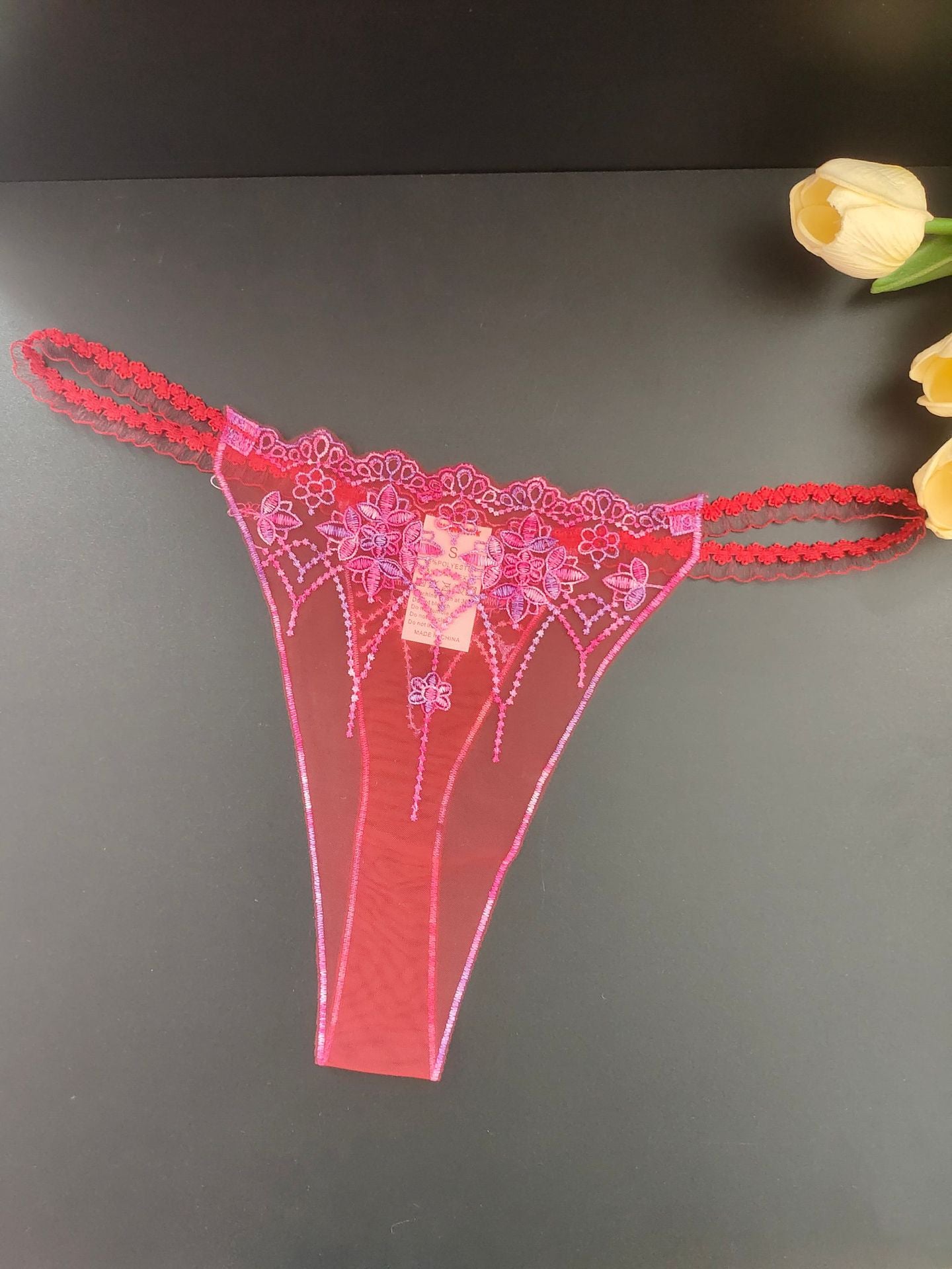 FREEDOMBEAUTY | Sexy transparent red mesh embroidered women's thong three-color matching lace lace crotchless light