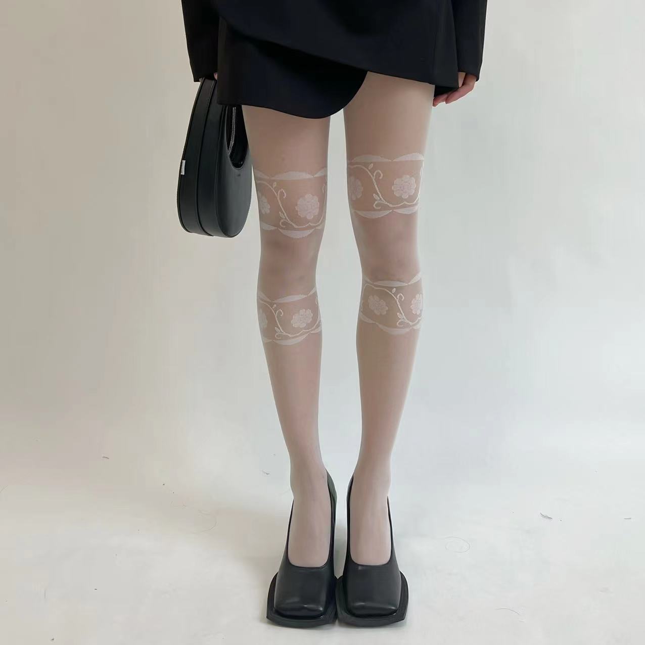 FREEDOMBEAUTY | Spring and Summer Retro Jacquard Dark Pattern Rhombus Thighs Roses Belly and Hips Pure Sweet and Cool Bottom Core-spun Yarn Stockings