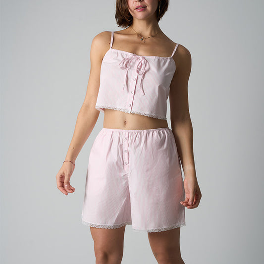 FREEDOMBEAUTY | COTTON JERSEY The same STRIPES lace-up woven bow clavicle super vest lace striped set