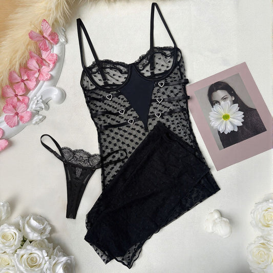 FREEDOMBEAUTY | European and American cross-border sexy heart-shaped polka dot dress - elegant and sexy lace decorative long tights