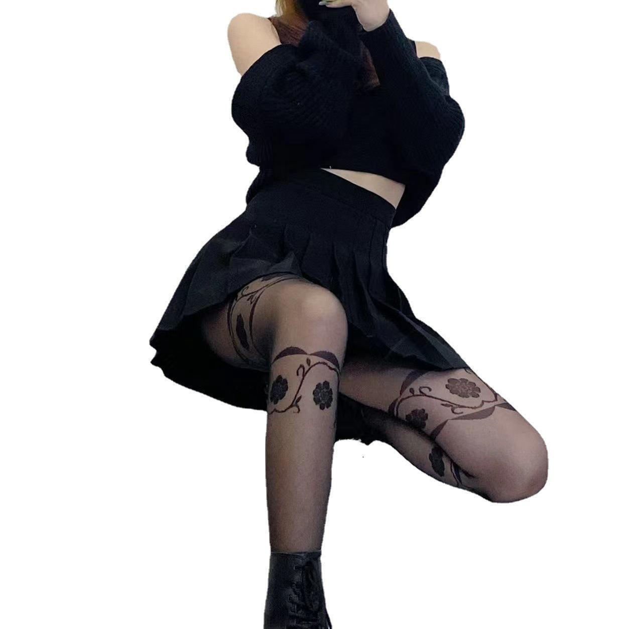 FREEDOMBEAUTY | Spring and Summer Retro Jacquard Dark Pattern Rhombus Thighs Roses Belly and Hips Pure Sweet and Cool Bottom Core-spun Yarn Stockings