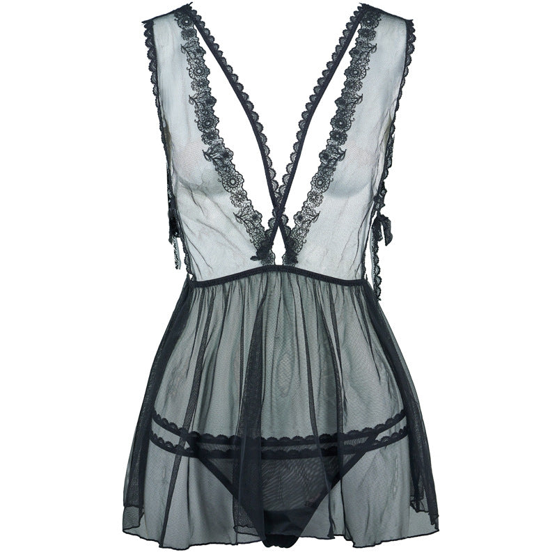 FREEDOMBEAUTY | FQ2840 Perspective mesh nightdress water-soluble lace low-rise thong sexy private bedroom nightdress female strap lace black