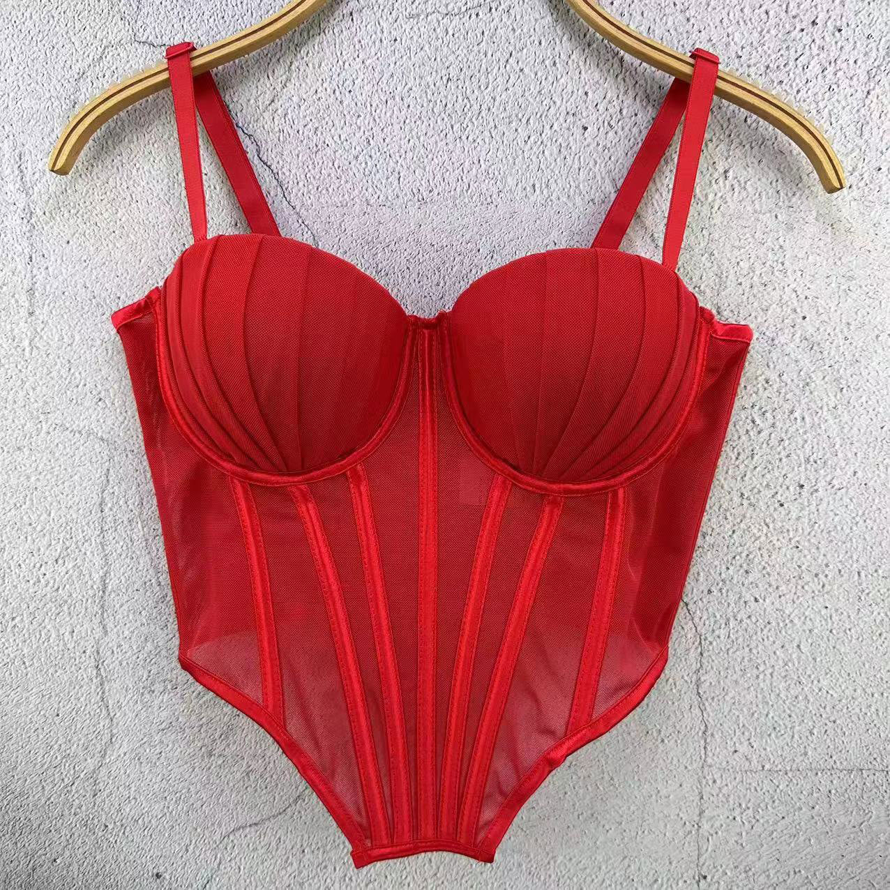 FREEDOMBEAUTY | European Station French Design Sense Mesh Lace Plastic Back Underwear Spice Girl Fishbone Tube Top Women's Thin