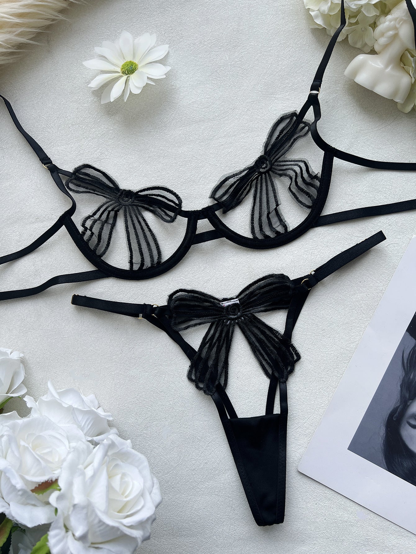 FREEDOMBEAUTY | DIER pure desire style three-dimensional bow hollow underwear set sexy steel ring thong sex two-piece set women