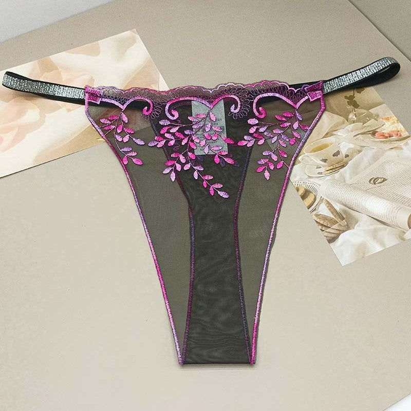FREEDOMBEAUTY | New Purple Gold Black Hollow Sexy Transparent Black Mesh Embroidery Women's Light Sex Thong T-Pants Cross-border