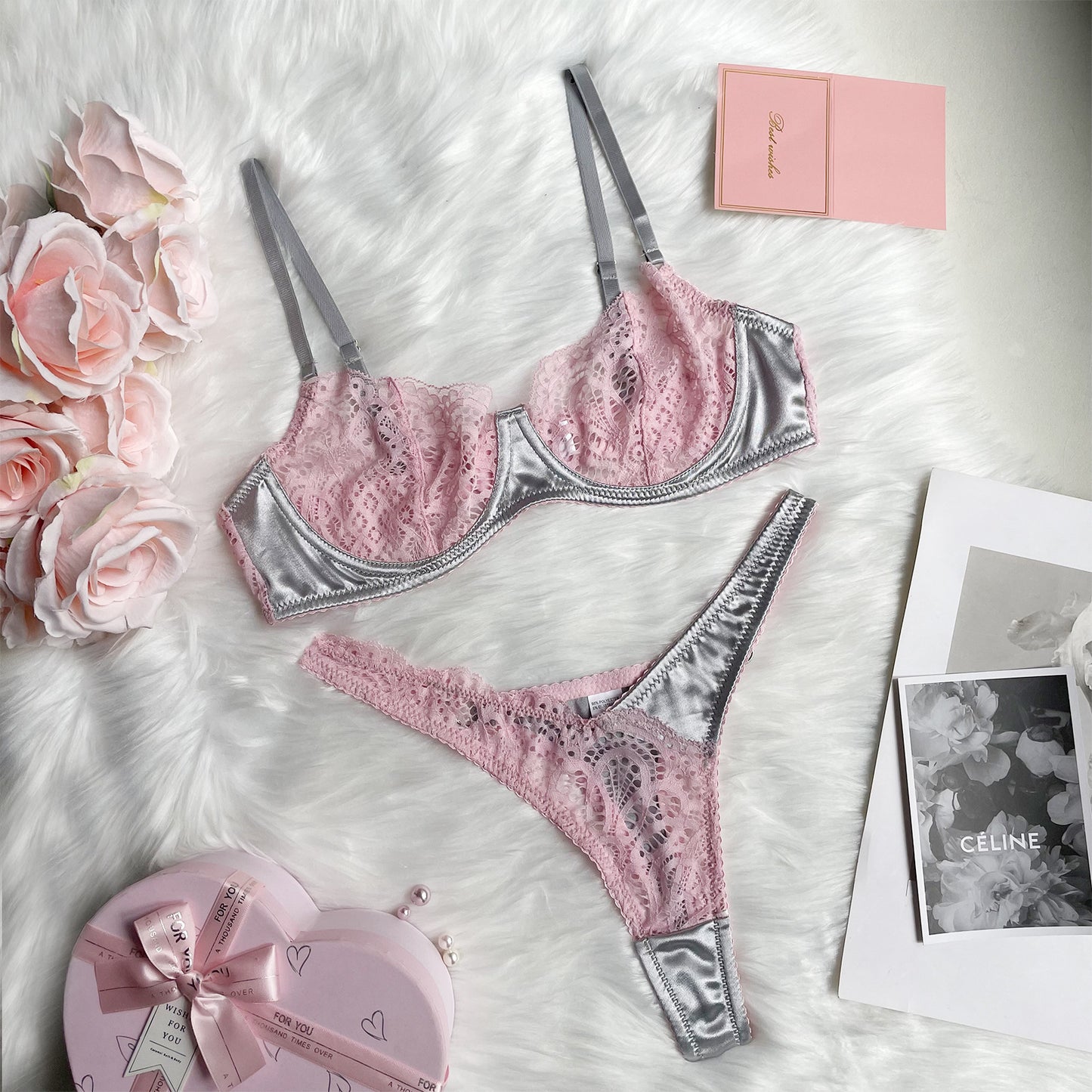 freedombeauty|New color matching lace mesh sex set perspective sexy two-piece set women