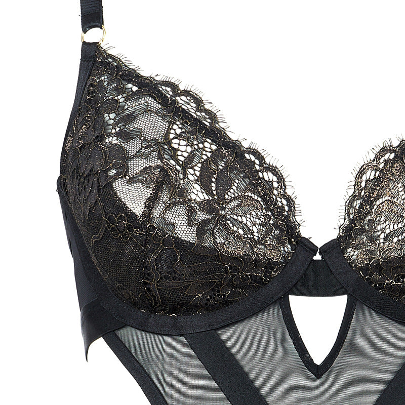 Freedombeauty | FQ2789 bronzing thread black background lace with steel rim open crotch onesie fun perspective mesh female hip sexy