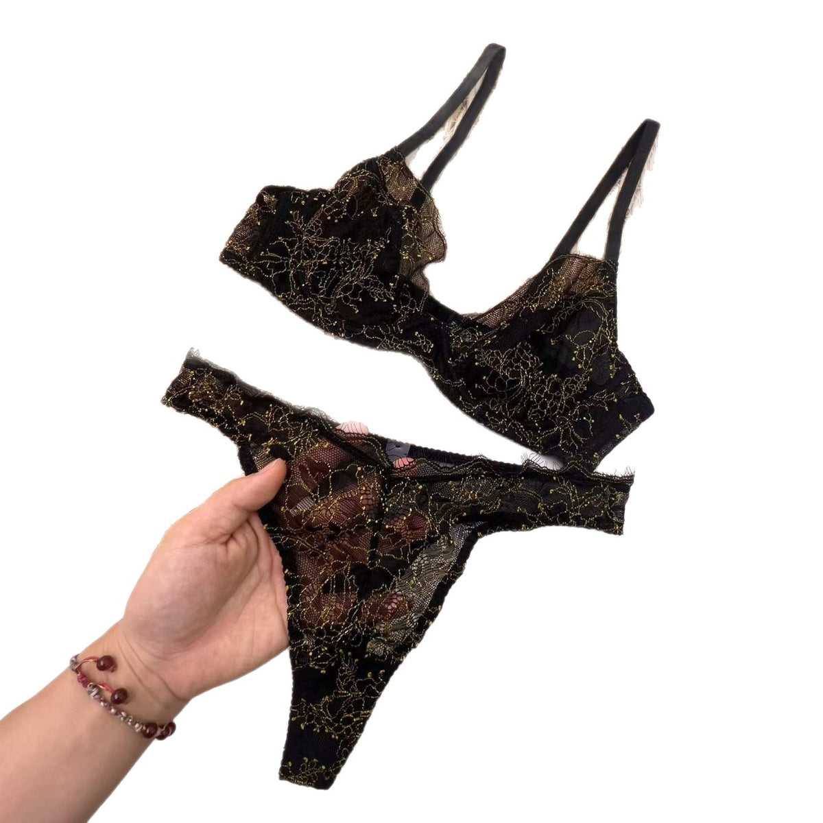 FREEDOMBEAUTY | Cross-border ultra-thin underwear gold thread lace bra big chest small sexy gathering bra set Sexy Bra