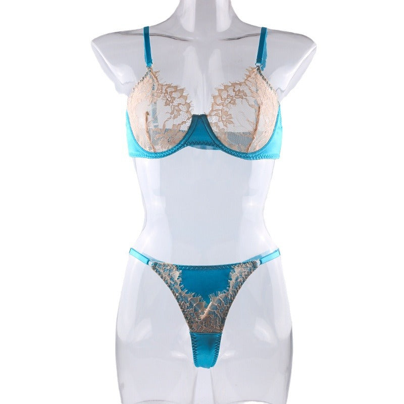FREEDOMBEAUTY | 2022 autumn new mercerized contrasting lace with steel rim sexy French underwear thong set foreign trade supply