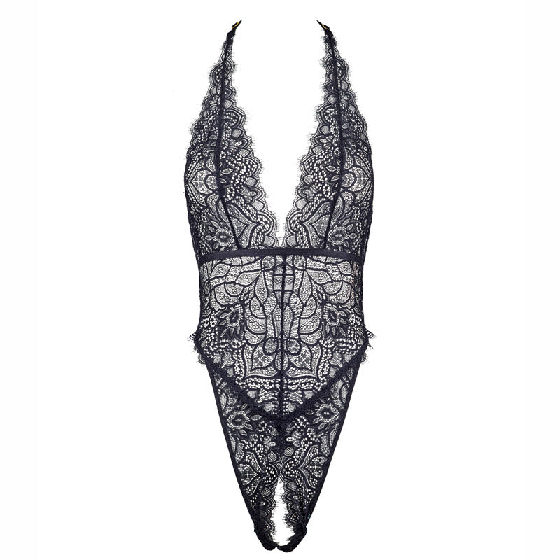 Freedombeauty | FQ2715 Elastic Eyelash Lace Slim Fit Large Halter Deep V Neck Open Crotch Black onesie Export Amazon