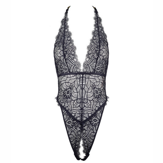 Freedombeauty | FQ2715 Elastic Eyelash Lace Slim Fit Large Halter Deep V Neck Open Crotch Black onesie Export Amazon