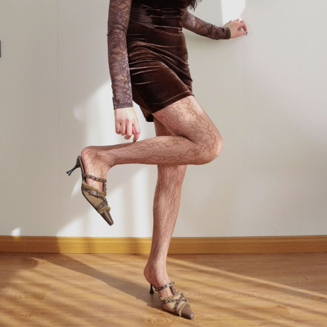 FREEDOMBEAUTY | 2024 spring and summer new French retro flower vine vertical pattern hollow niche color stockings mesh socks jacquard pantyhose women