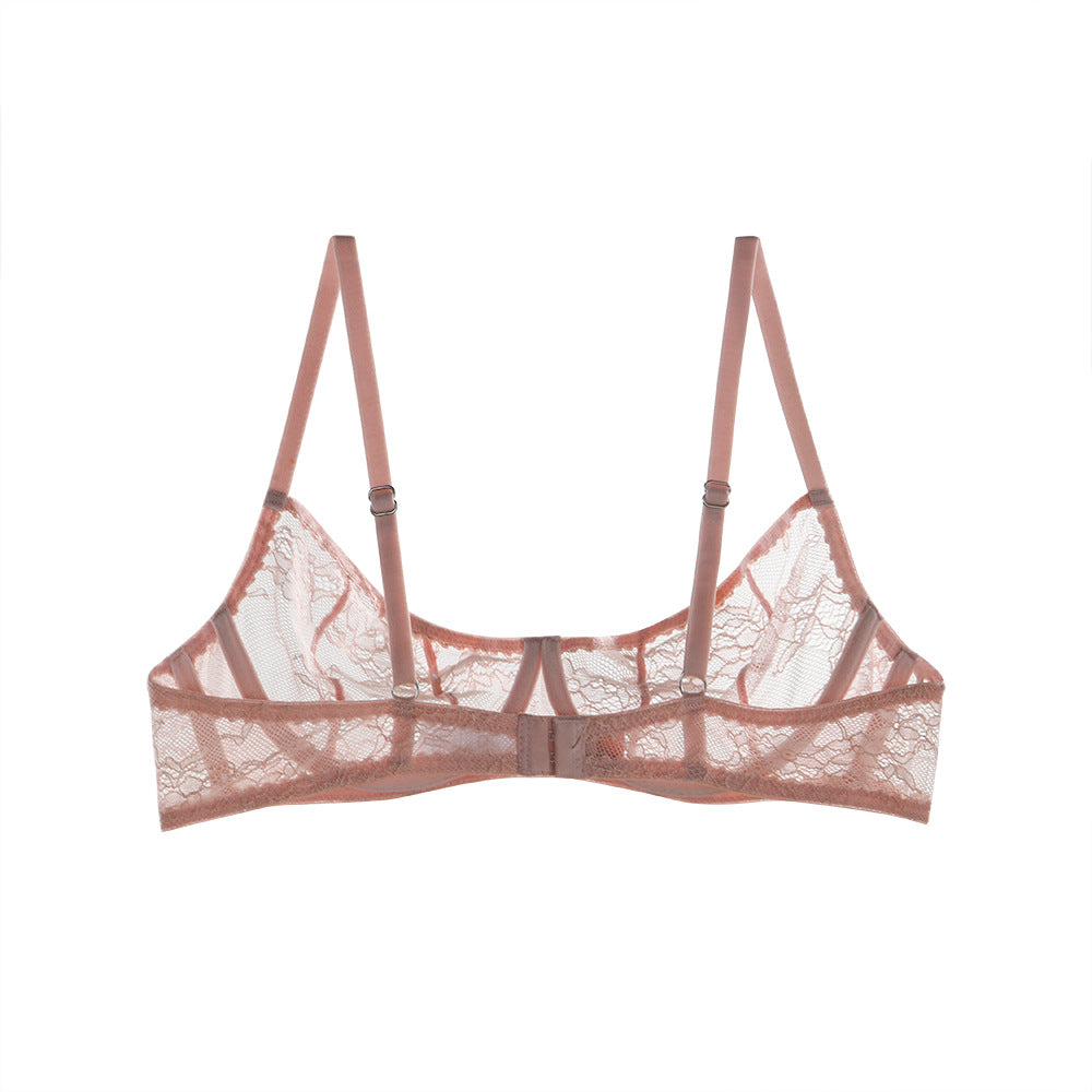 FREEDOMBEAUTY | European and American light pink lace sexy underwear foreign trade hot-selling summer perspective temptation steel ring bra underwear