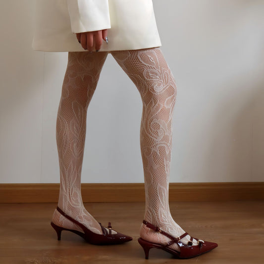 FREEDOMBEAUTY | Autumn and winter new French elegant plant flower fishing net socks pure white stockings anti-hook stockings bottoms pantyhose