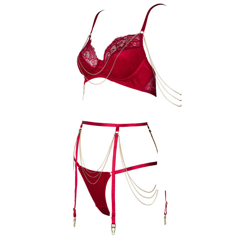 Freedombeauty | FQ2927 Premium Velvet Lace Removable Gold Chain Steel Pallet French Bra Set Low Waist Briefs