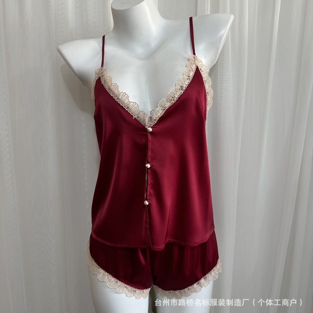 FREEDOMBEAUTY7087 Shell Embroidered Delicate Satin Sex Pajamas Pajamas Two-piece set, excluding removable chest pads