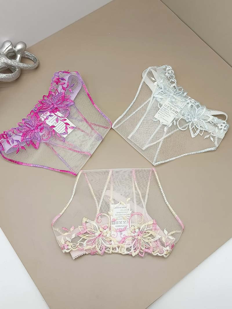 FREEDOMBEAUTY | Transparent mesh embroidery three-piece color matching light crotch-free sexy hollow sex thong three-piece cross-border