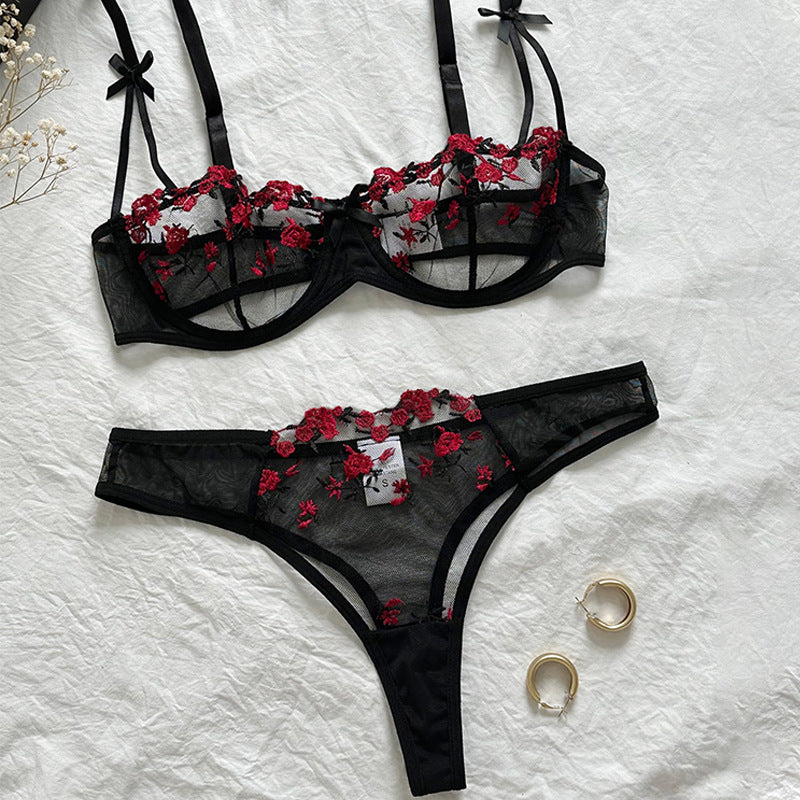 FREEDOMBEAUTY | Y French underwear feminine ink painting embroidery butterfly lace bra set thin cotton cup big breasts show small bra