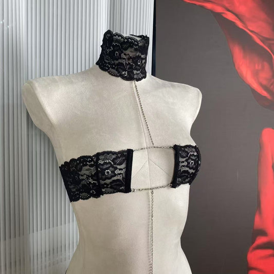 FREEDOMBEAUTY | FQ2295 black lace sexy sex onesie neck rhinestone removable perspective lace cross-border Europe and America