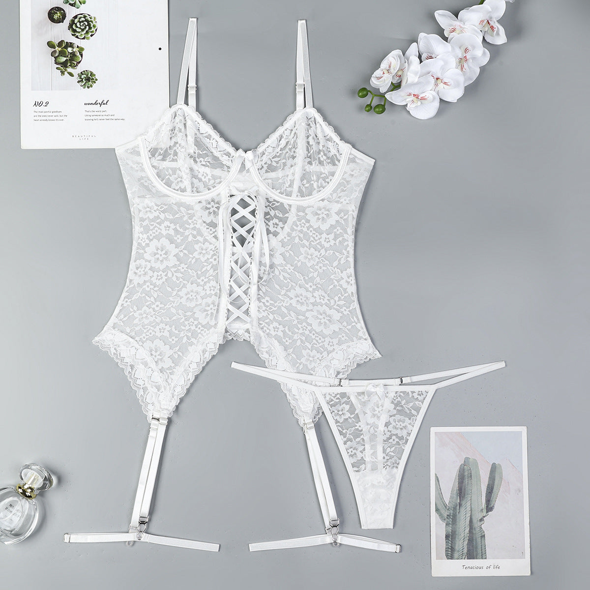 FREEDOMBEAUTY | European and American sexy underwear lace jacquard perspective strap tether cross sling two-piece underwear wholesale 3753